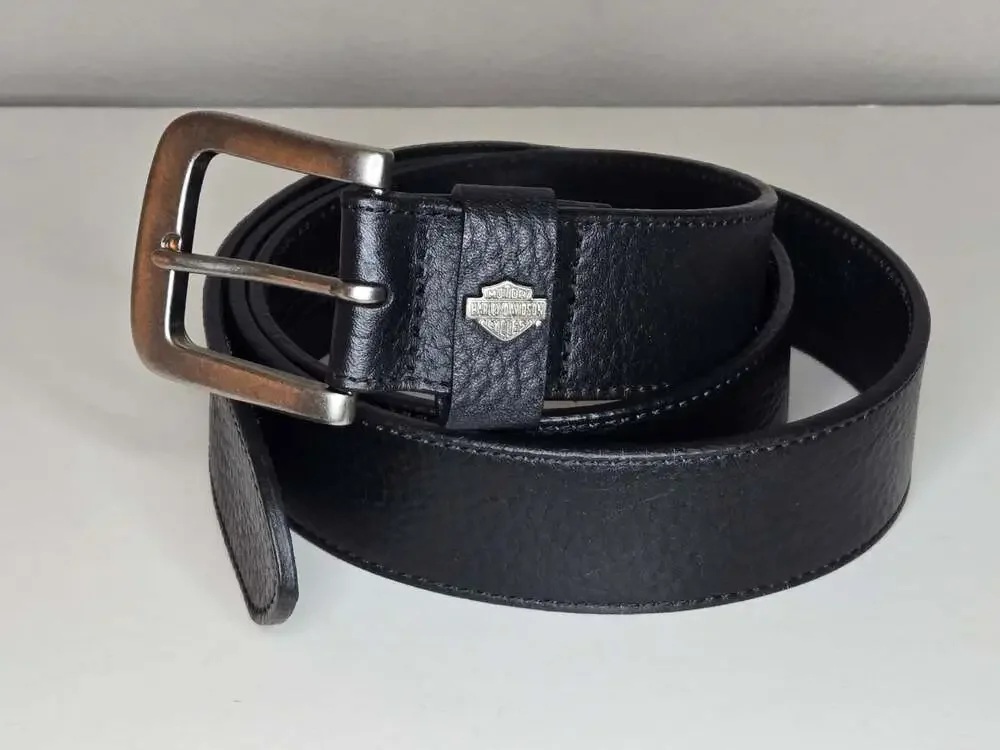 Harley-Davidson Men's Genuine Leather Money Zipper Belt with Chrome Bar & Shield